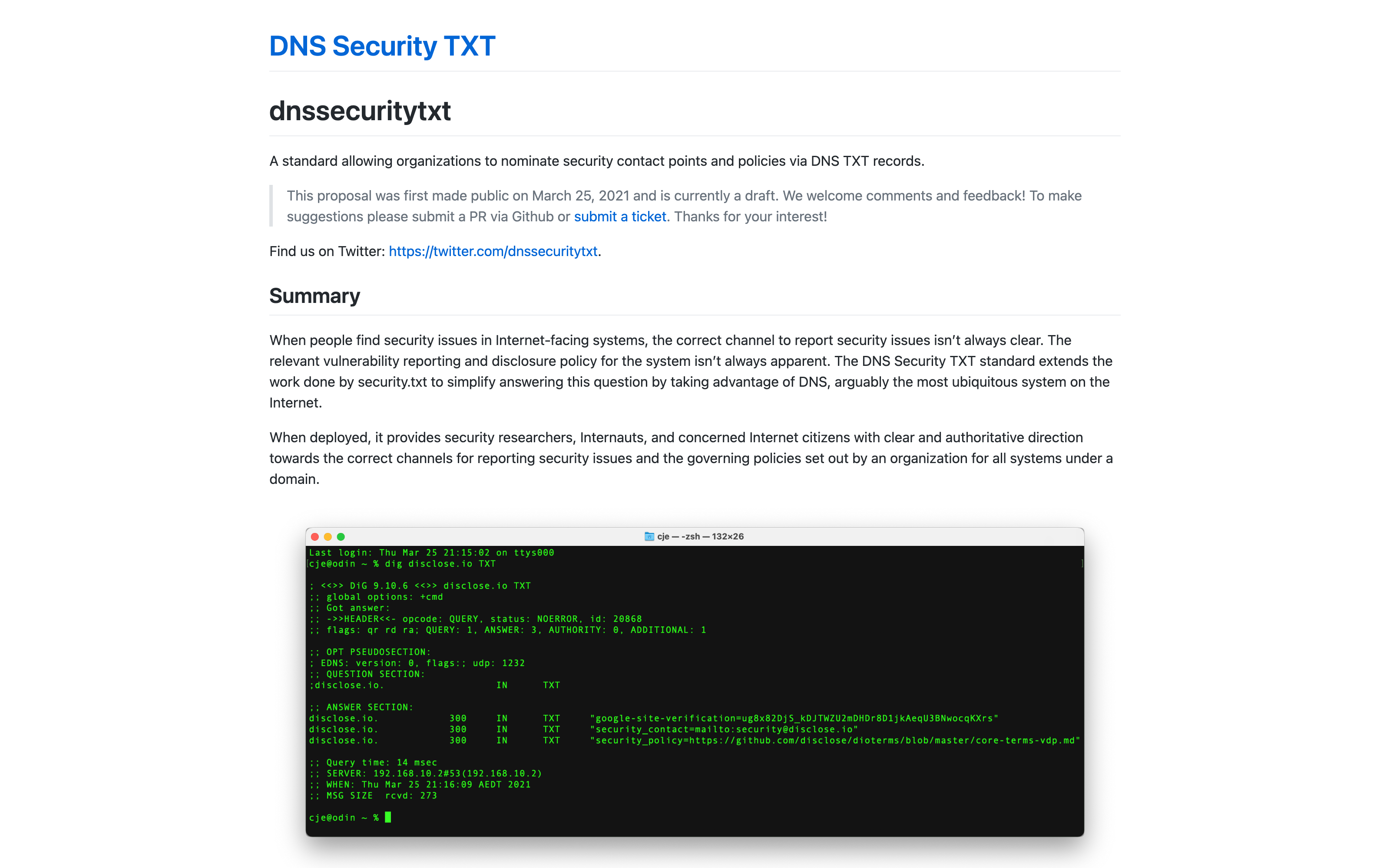 Live capture of the dnssecuritytxt property and standard description