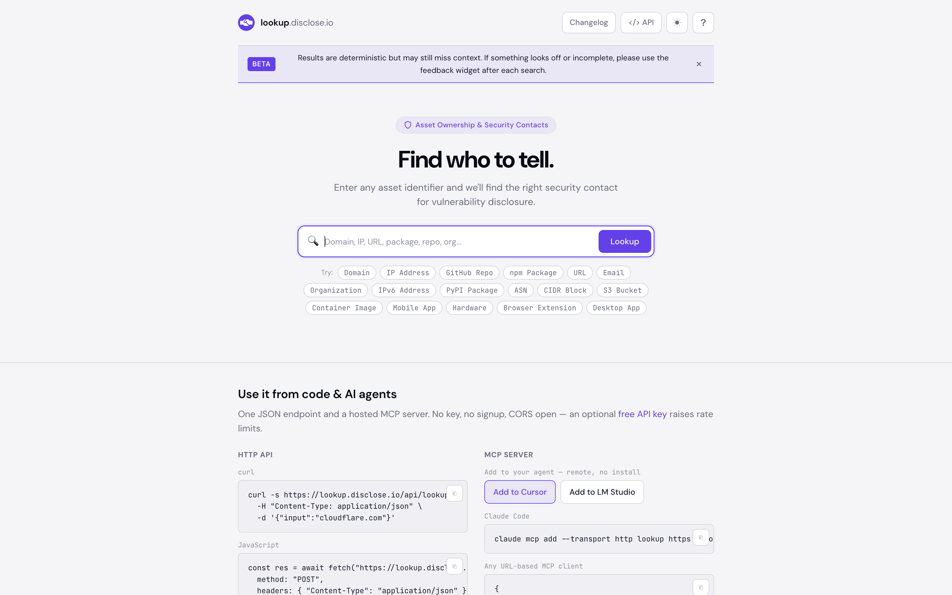 Live capture of lookup.disclose.io resolving an asset to disclosure contacts